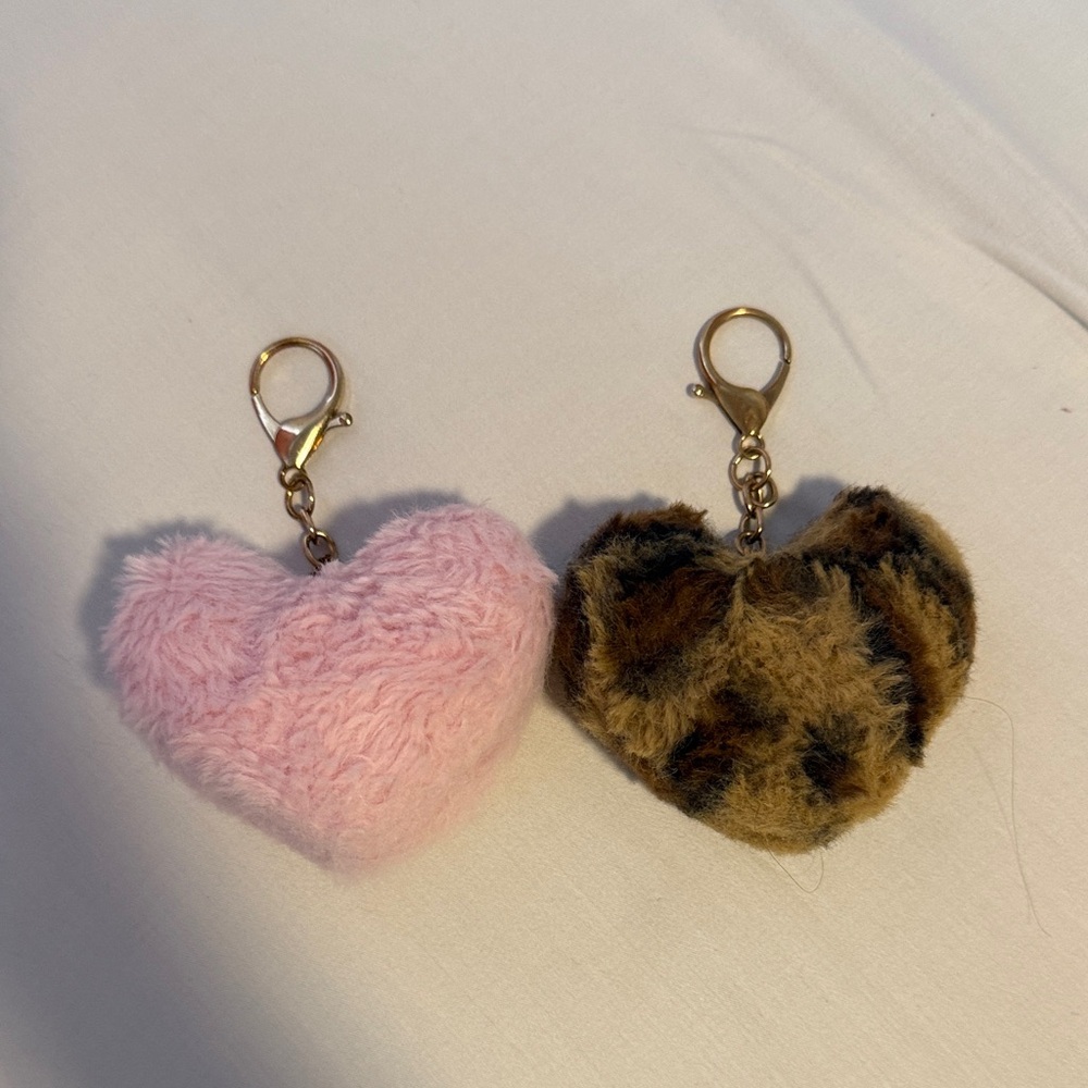 Forever 21 Fuzzy Heart Keychain Pair - Pink & Leopard